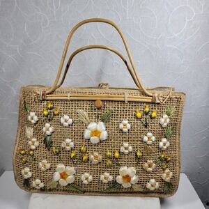 Philippines Woven Straw Tote Basket Bag Floral Bamboo Handles Vacation Coastal